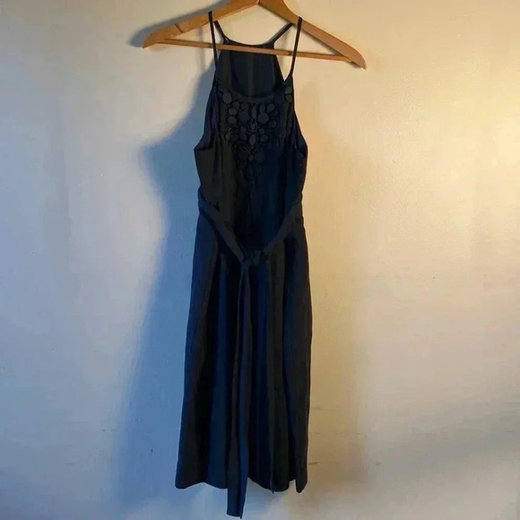 None Dresses & Skirts - Women’s Empire Halter Dress Small S Black Silk Pockets Midi  Dress Embroidered